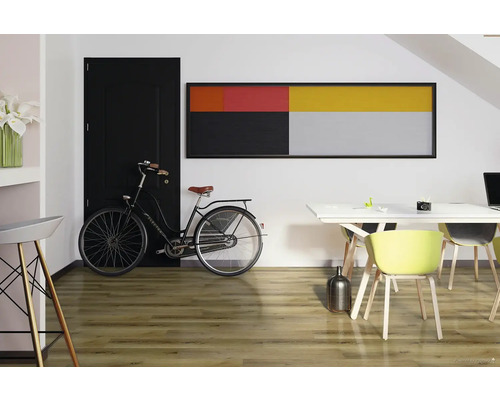 Obývací pokoj s dřevěnou podlahou, kolo opřené o černé dveře a jídelní stůl se židlemi