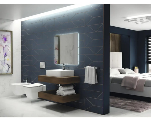 Moderní koupelna s umyvadlem, toaletou, bidetem a přilehlou ložnicí