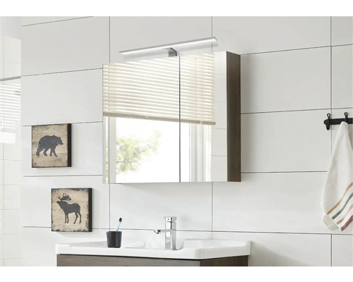 Moderní koupelna se zrcadlovou skříňkou, umyvadlem a dekorací na stěnu