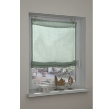 Pohled na okno se zelenou římskou roletou.