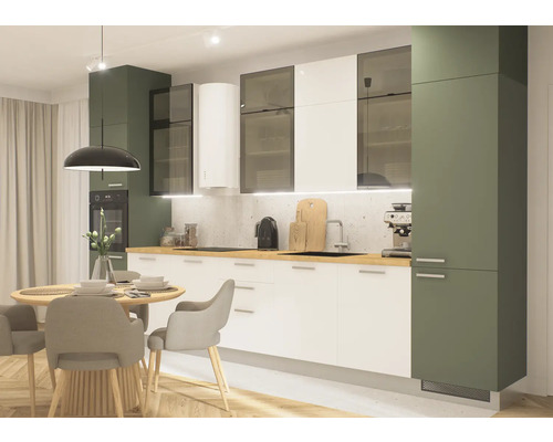 Světlá moderní kuchyně s jídelním stolem a židlemi