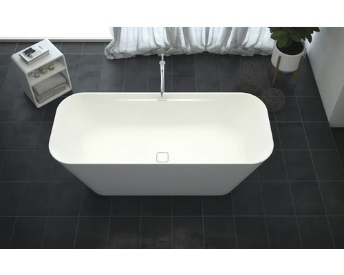 Volně stojící vana v koupelně s baterií, rostlinou a policí