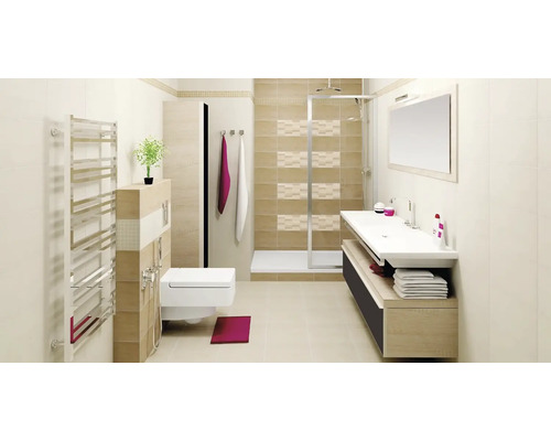 Světlá koupelna se sprchou, umyvadlem, toaletou a topným žebříkem