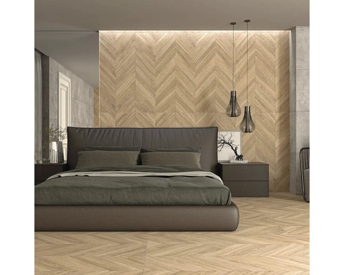 Moderní ložnice s podlahou a obkladem stěn se vzorem rybí kosti