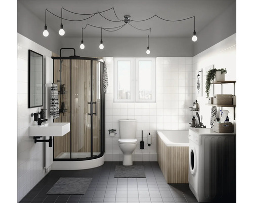 Čtvrtkruhový sprchový kout form&style Moorea black 90 cm čiré sklo matné černé Moderní koupelna se sprchou, umyvadlem, toaletou, vanou a pračkou.