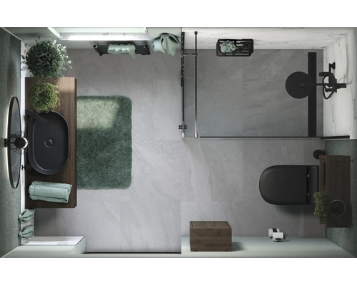 Pohled shora na koupelnu s umyvadlem, zrcadlem, sprchou a toaletou