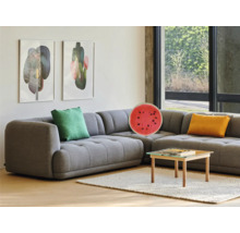 Obývací pokoj s šedou rohovou sedačkou, polštáři, konferenčním stolkem a nástěnnými malbami