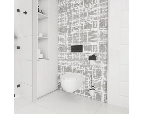 Moderní koupelna s nástěnným WC, ovládacím panelem, držákem toaletního papíru a WC štětkou