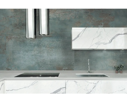 Moderní kuchyně s digestoří, dřezem a varnou deskou.