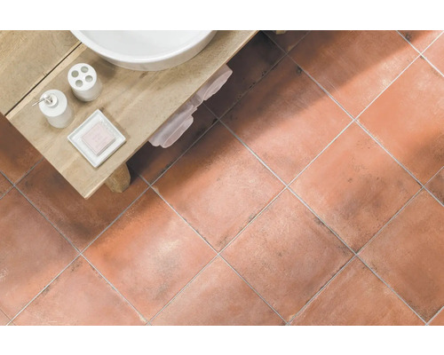 Koupelna s terakotovými dlaždicemi a umyvadlem