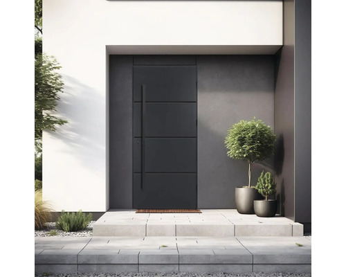 Moderní vchodové dveře s přímočarým designem a boční rukojetí