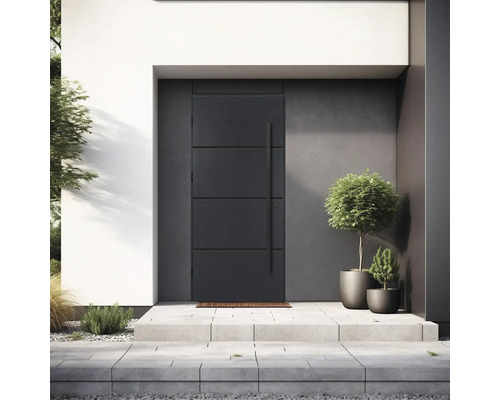 Moderní vchodové dveře s dlouhou klikou a minimalistickým designem před domem.