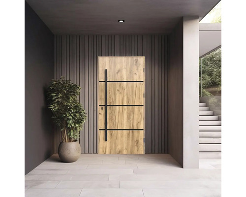 Vstupní prostor s dřevěnými dveřmi a černou klikou