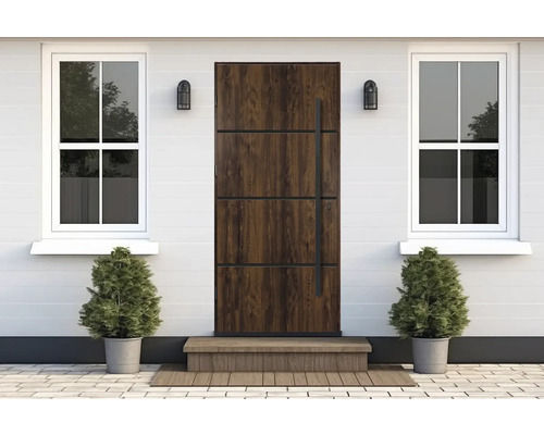 Vchodové dveře s dřevěnou strukturou mezi dvěma okny a rostlinami