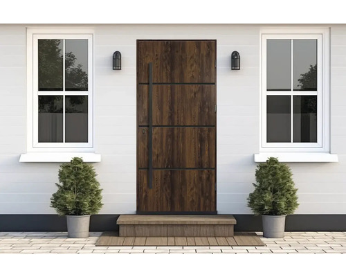 Vstupní prostor s dřevěnými vchodovými dveřmi, bílými okny a rostlinami v květináčích