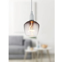 Závěsná lampa s průhledným skleněným stínidlem a žárovkou se žhavicím vláknem v obývacím pokoji