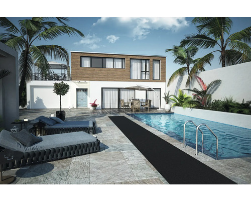 Venkovní pohled na dům s bazénem, lehátky a palmami