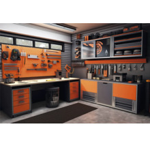 Dílna s ponkem, stěnou na nářadí a úložnými skříněmi pro kutily.