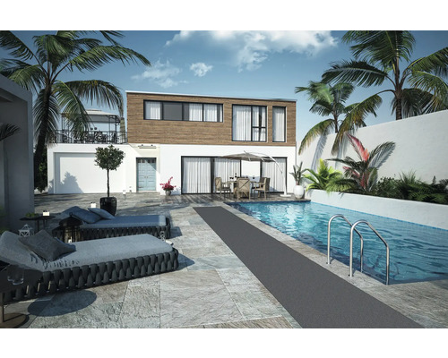 Vnější pohled na dvoupodlažní dům s bazénem, terasou a zahradním nábytkem.