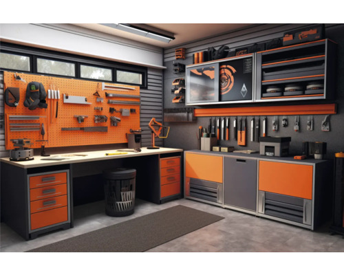 Dílna s ponkem, stěnou na nářadí a skříněmi na nářadí pro uložení nářadí
