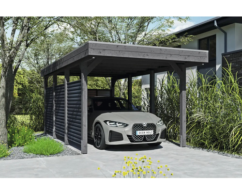 Dřevěný přístřešek pro auto s boční stěnou a automobilem