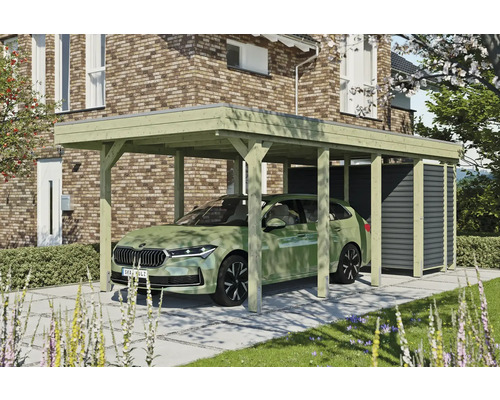 Přístřešek pro auto s kůlnou na nářadí vedle rodinného domu s autem