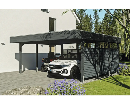 Přístřešek pro auto s autem a čtyřkolkou