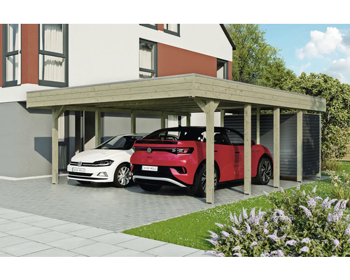 Dvojitý dřevěný přístřešek pro auto se dvěma zaparkovanými auty