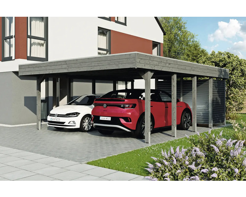 Přístřešek na auto dvojitý SKAN HOLZ Friesland-Hybrid včetně hliníkového úložného prostoru, sloupkové kotvy 557 x 708 cm břidlice Dřevěný přístřešek pro auto se dvěma zaparkovanými auty