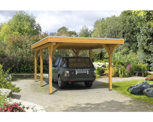 Přístřešek na auto SKAN HOLZ Spessart vč. sloupkových kotev, 355 x 604 cm, světlý dub Jednoduchý dřevěný přístřešek pro auto s autem na zahradě