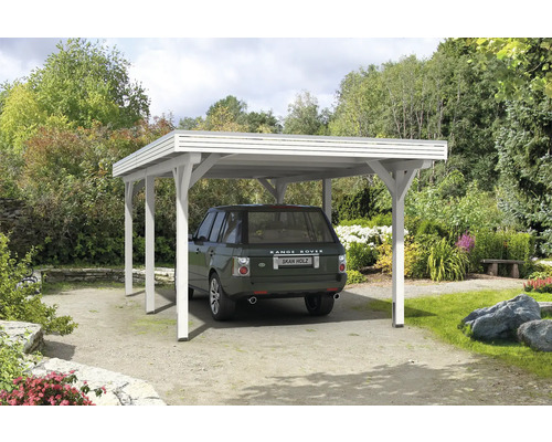 Přístřešek na auto SKAN HOLZ Spessart vč. kotev na sloupky, 355 x 604 cm, bílý Auto pod dřevěným carportem na zahradě.