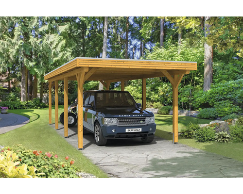 Přístřešek na auto SKAN HOLZ Spessart vč. kotev, 355 x 846 cm, světlý dub Dřevěný přístřešek pro auto s autem na zahradě