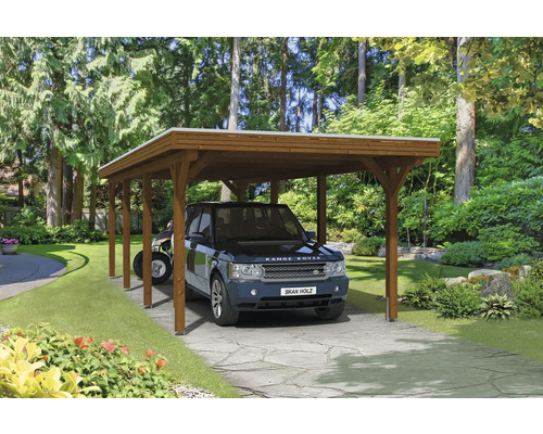 Přístřešek na auto SKAN HOLZ Spessart vč. ořechových sloupkových kotev, 355 x 846 cm Auto pod dřevěným přístřeškem v zahradě.