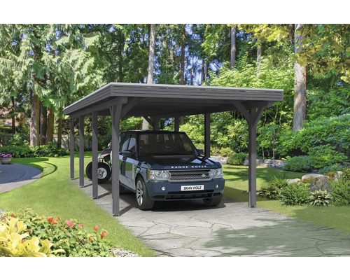 Přístřešek na auto SKAN HOLZ Spessart vč. břidlicových sloupkových kotev, 355 x 846 cm Dřevěný carport s autem a čtyřkolkou na zahradě