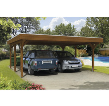 Dřevěný carport se dvěma zaparkovanými auty na zahradě