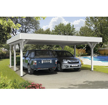 Dřevěný dvojitý carport se dvěma parkujícími auty