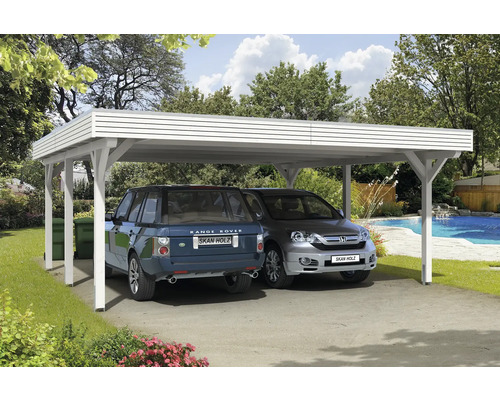 Přístřešek na auto dvojitý SKAN HOLZ Spessart včetně sloupkových kotev, 611 x 604 cm bílá Dřevěný dvojitý carport se dvěma parkujícími auty
