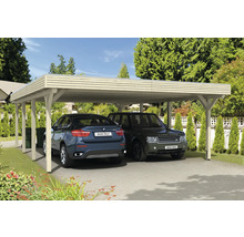 Dvojitý dřevěný carport se dvěma zaparkovanými auty