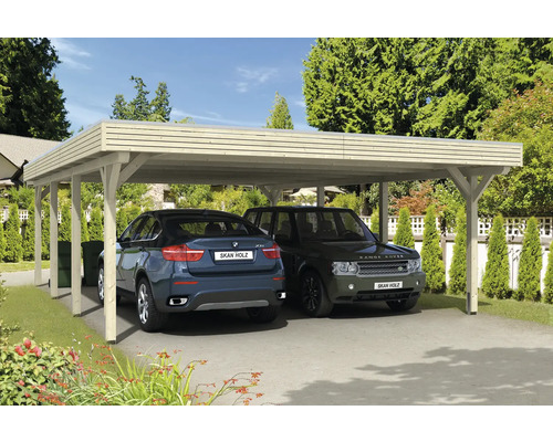 Dvojitý dřevěný carport se dvěma zaparkovanými auty