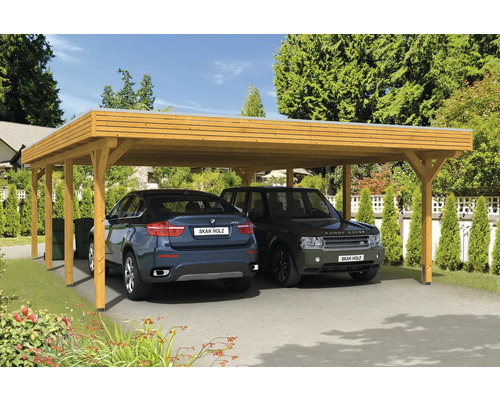 Dvojitý dřevěný přístřešek pro auto se dvěma zaparkovanými auty