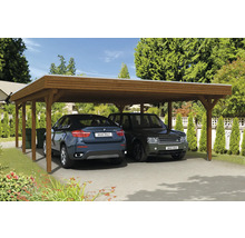 Dřevěný dvojitý carport se dvěma zaparkovanými auty