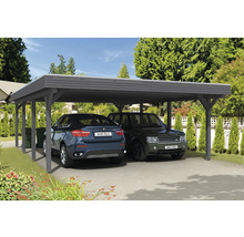 Dřevěný dvojitý carport se dvěma zaparkovanými auty
