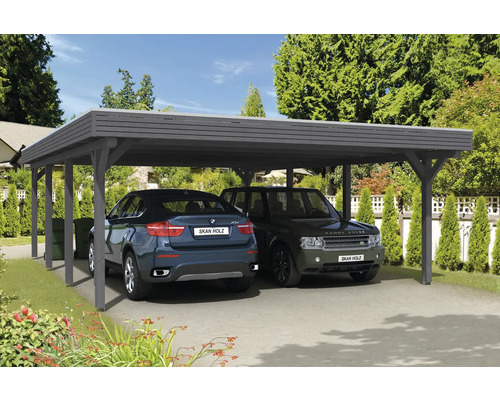 Přístřešek na auto dvojitý SKAN HOLZ Spessart včetně sloupkových kotev, 611 x 846 cm břidlice Dřevěný dvojitý carport se dvěma zaparkovanými auty