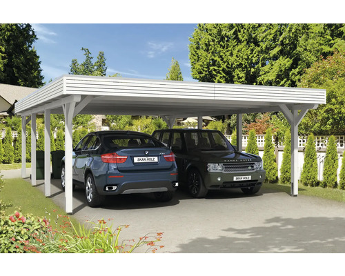Dřevěný dvojitý přístřešek pro auto se dvěma zaparkovanými auty