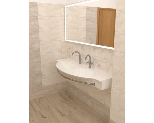 Moderní koupelna s dvojitým umyvadlem, osvětleným zrcadlem a světlým obkladem.