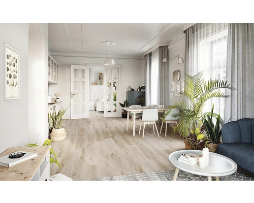 Světlý obývací pokoj s dřevěnou podlahou, jídelním stolem a pokojovými rostlinami