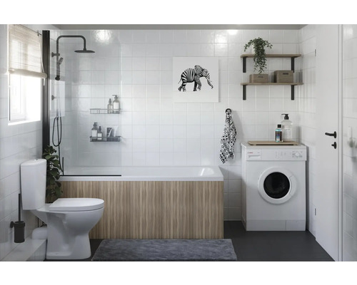 Koupelna s vanou, sprchovou zástěnou, pračkou, toaletou a umyvadlem