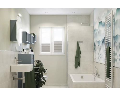 Světlá koupelna s umyvadlem, vanou a radiátorem