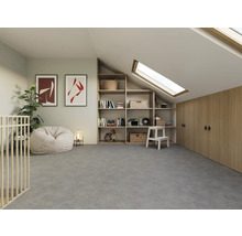 Světlá podkrovní místnost s knihovnou, střešním oknem, šatní skříní a sedacím vakem.