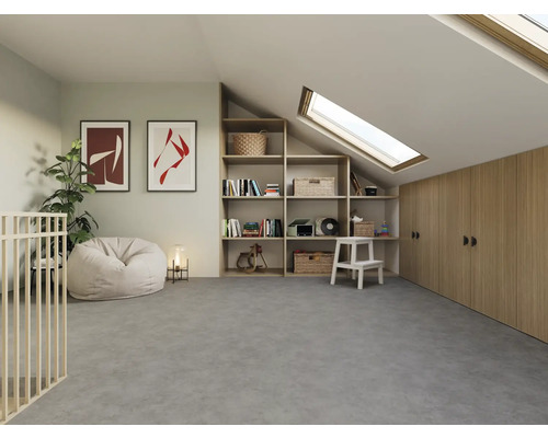 Světlá podkrovní místnost s knihovnou, střešním oknem, šatní skříní a sedacím vakem.